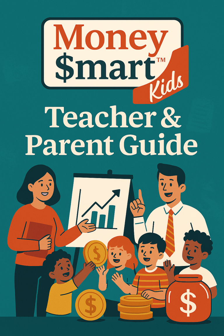 Guide for teaching kids about money, featuring graphs and engaged adults with children.