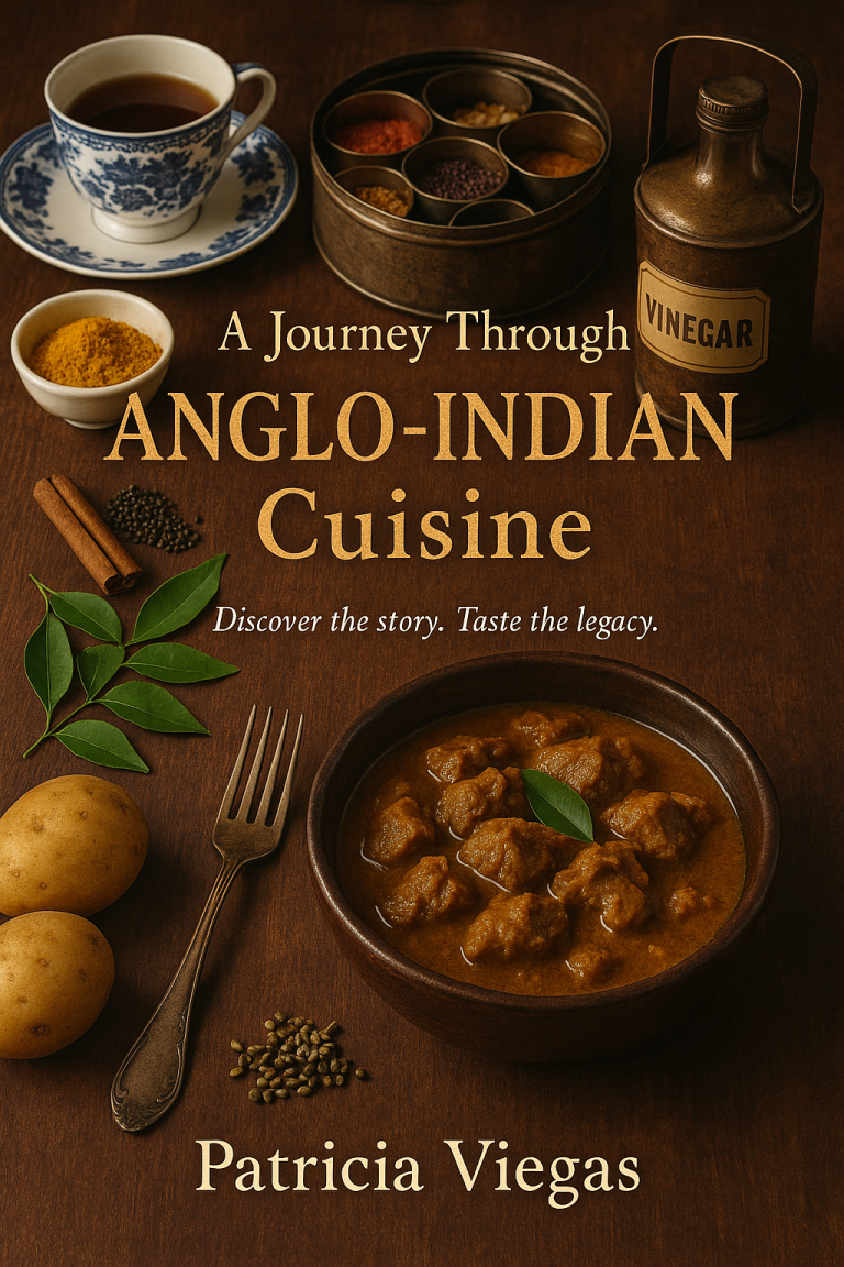 A Journey Through Anglo-Indian Cuisine Book Cover Cover of a book titled "A Journey Through Anglo-Indian Cuisine" featuring a bowl of curry and potatoes.