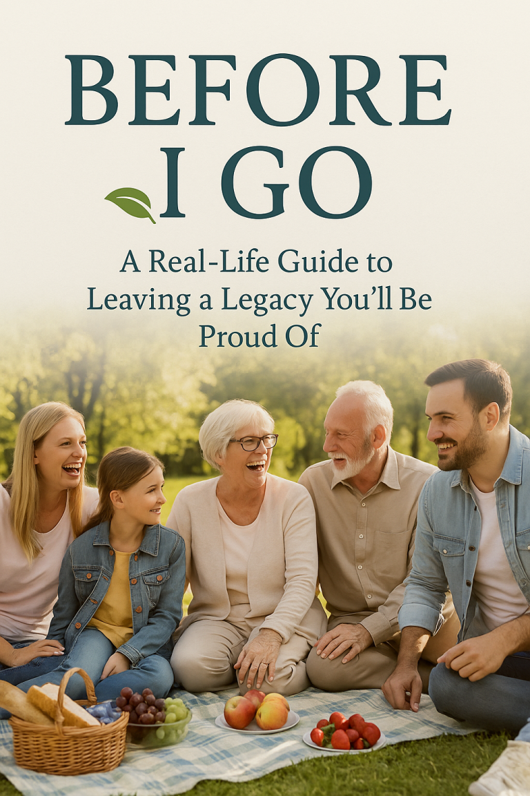 Before I Go Book Cover A family gathering with five people smiling, sitting on grass, surrounded by greenery.