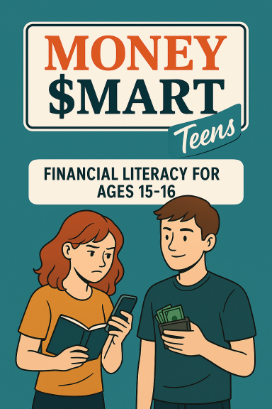 Two teens discussing financial literacy, featuring a book and smartphone.