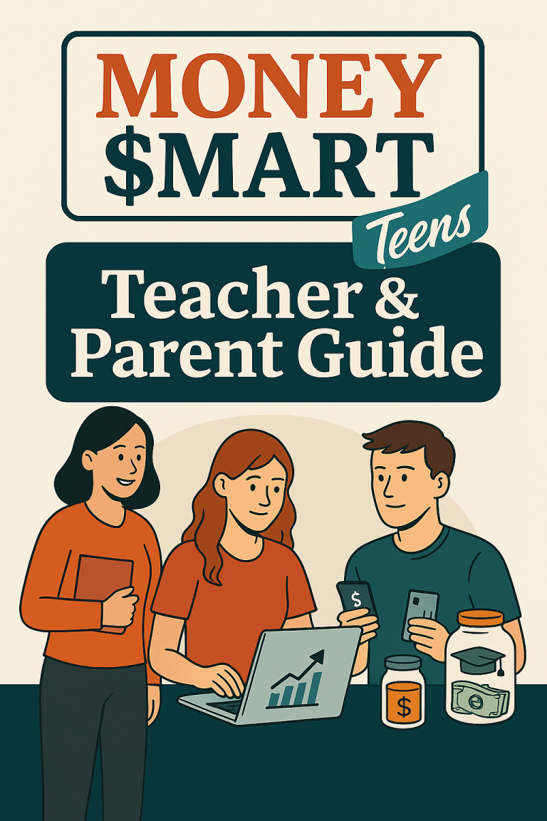 Illustration of a teacher and two teens discussing money management and budgeting.