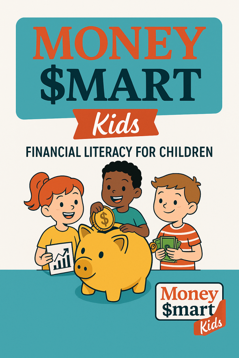 Money Smart Kids Book Cover Children engaging with financial literacy concepts, featuring a piggy bank and charts.