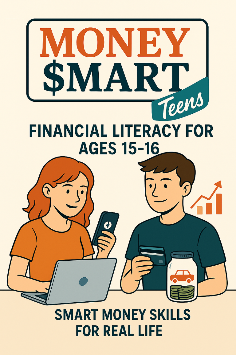 Money Smart Teens Book Cover Two teenagers engaging with financial literacy materials, with graphs and a money jar.