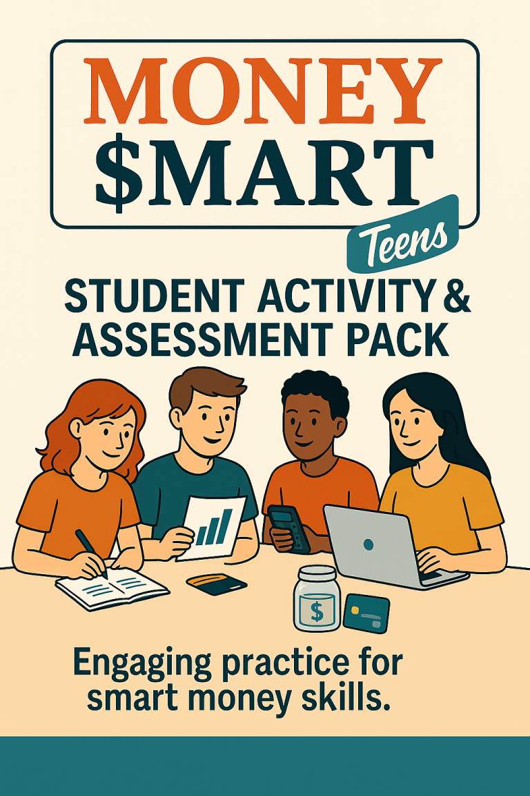 Four diverse teenagers engaged with a money management activity pack.